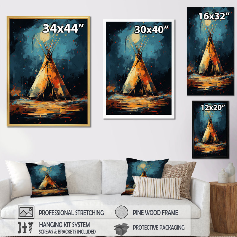 «Native Tipi Journey Of The Tribes», reproduction sur toile, H 32 po x l 24 po x P 1 po, Cadre flottant doré