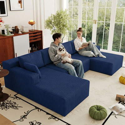 124" Corduroy U-Shaped Sectional Sofa, Modern Modular Boneless 4-Seater Couch with 6 Pillows, Upholstered Deep Seat DIY Cloud Sofa for Living Room, No Assembly Required