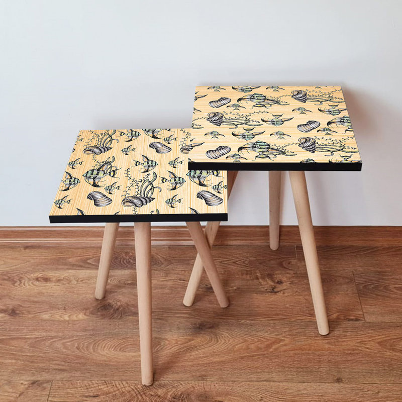 Modern Nesting Table Set (2 Pieces), Beige & Black/White, 13.8 x 18.5 x 13.8 in (Big) & 13.8 x 16.5 x 13.8 in (Small) | 100% MDF with Beech Wood Legs, Stylish Scandinavian Design | Perfect for Living Room & Home Decor