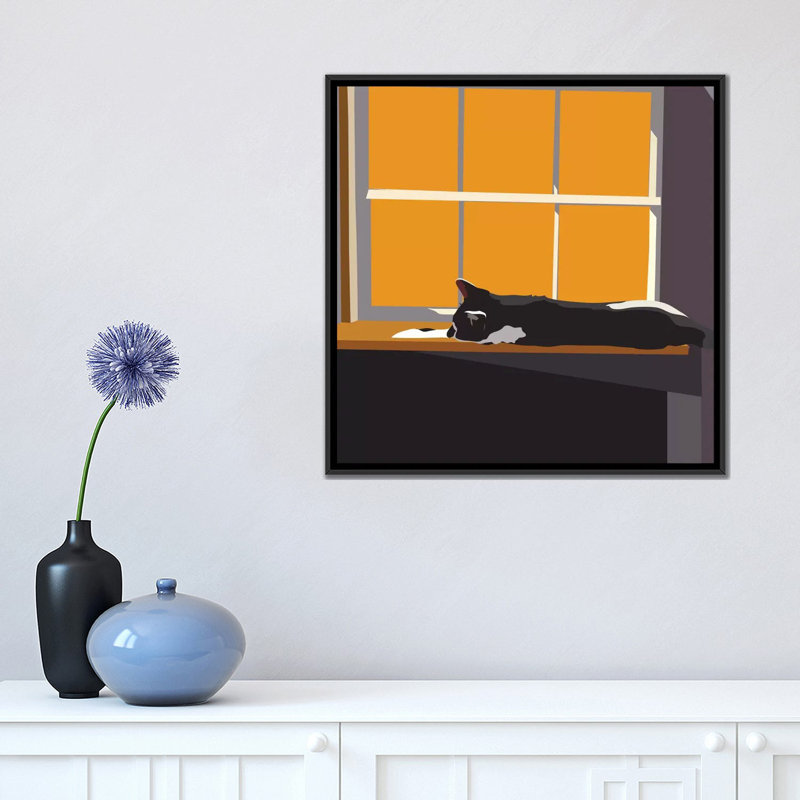 «Cat on a Window Sill II», reproduction sur toile, H 18 po x l 18 po x P 1,5 po, Toile avec cadre noir, Pas de tapis