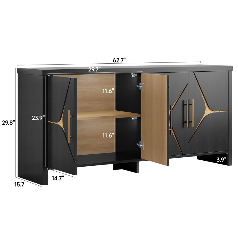 62.7'' W Craft Sideboard Buffet With 4 Doors & Adjustable Shelves & LED Light, Black