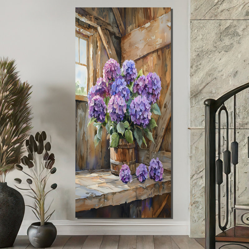 Hortensias dans la grange à traire - hydrangées, art mural, H 60 po x l 28 po, Toile tendue, Ne s’applique pas