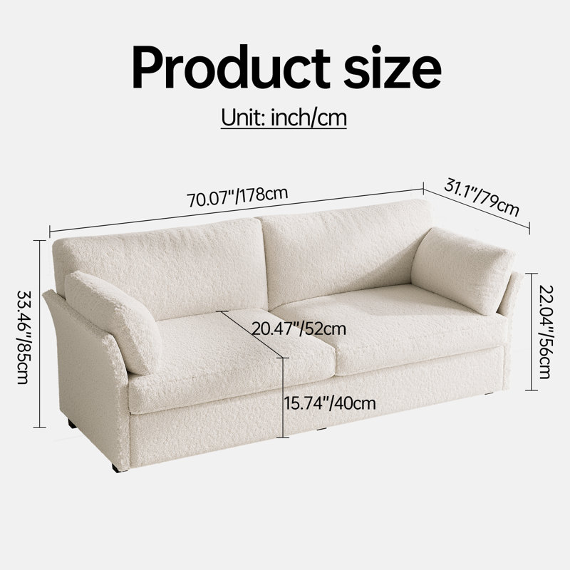 178Cm Beige White Loveseat Sofa, Small 2 Seater Sofa With 2 Pillows