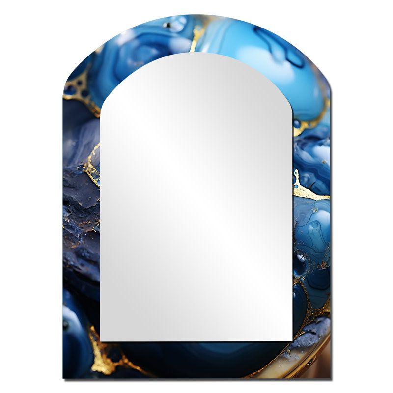 Gold and Sapphire Blue Marble Mosaic I - Abstract Asymmetrical Mirror, Gold Arch Unique Wall Mirror, Printed Metal Art