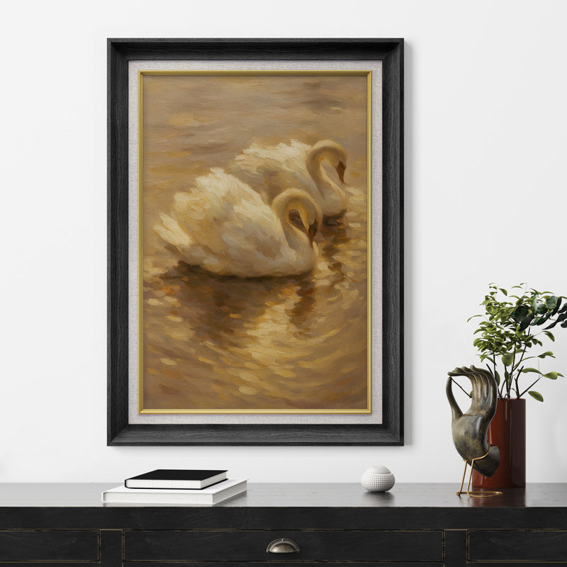 Œuvre encadrée de qualité supérieure - reproduction de cygnes rétro pour le décor du salon - 26 po x 36 po, Noir