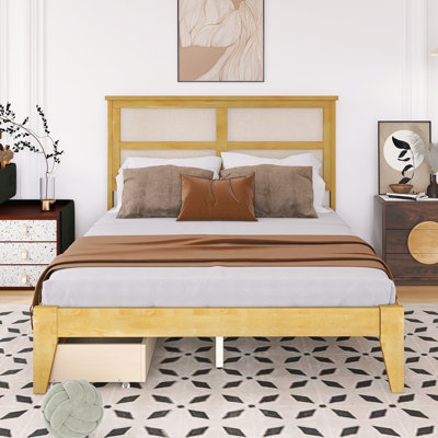 Wood Frame Full Size Bed With Rattan Headboard And Two Storage Drawers