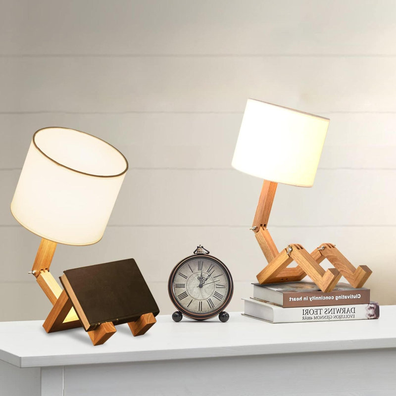 Robot Ensemble de 2 lampes de chevet créatives pour chambre à coucher avec corps de lampe en bois bricolage E26 ajustable avec abat-jour en tissu TB QBT005 WHM2
