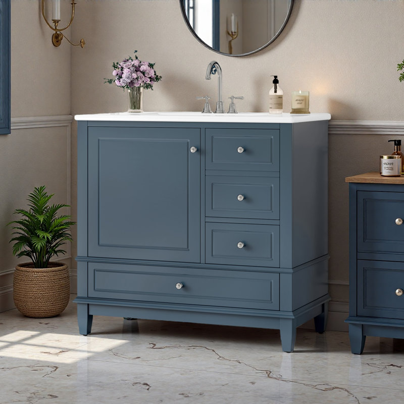 Meuble-lavabo 36 po avec lavabo en céramique, panneau de fibres à densité moyenne et base en bois massif, 3 tiroirs et armoire avec tablettes, finition peinte