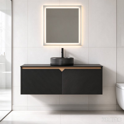 Meuble-lavabo 48 po avec lavabo, armoire de rangement flottante murale en contreplaqué, portes doubles en sergé avec garniture en métal, lavabo rond en verre noir transparent et plateau en pierre frittée noire, noir
