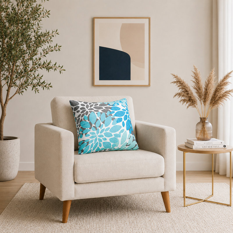 Indoor/Outdoor Square Throw Pillow Covers, 18"W x 18"L, Blue/Gray Floral Sunburst