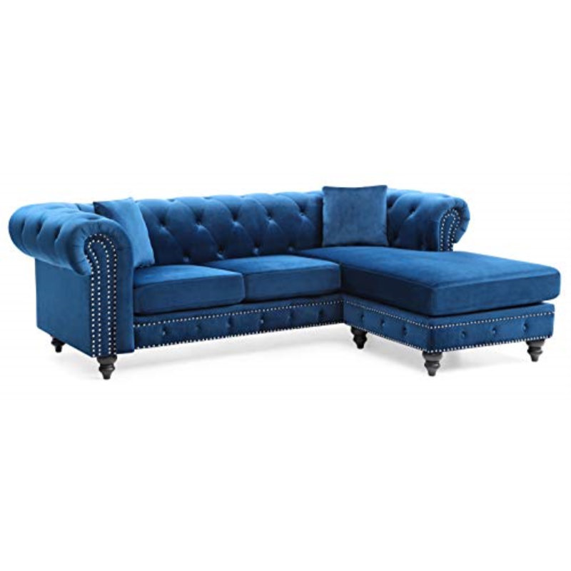 Nola Velvet L-Shaped Sectional Reversible, Navy Blue