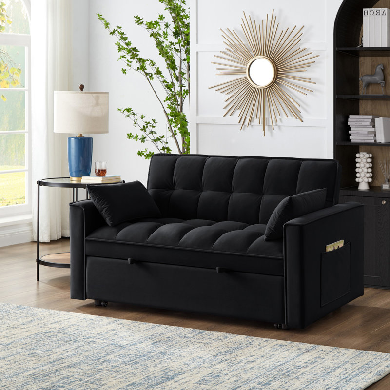 Convertible Sofa Bed with Arm Storage Pockets, Black Velvet