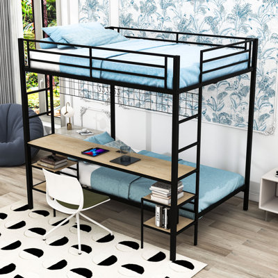 Full Over Twin Metal Bunk Bed With Study Desk, Built-In Charging Ports, And Storage Shelves