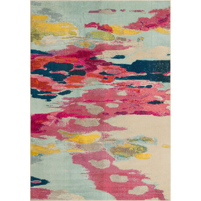 Tapis abstrait en polypropylène tissé à la machine Estelle bleu / jaune / orange