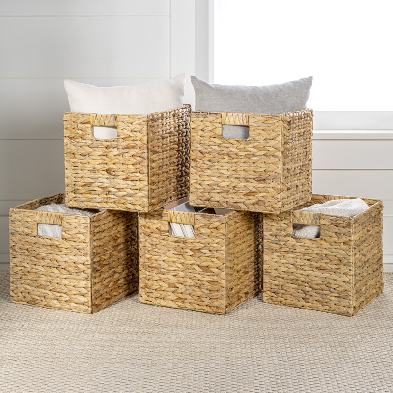 Burtrum Classic Farmhouse Handwoven Hyacinth Collapsible Storage Cube Baskets with Handles, Natural