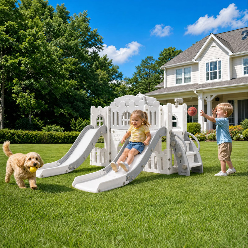 Aire de jeux 10-en-1 pour enfants avec glissade, structure d'escalade, panier de basketball, tunnel, rangement et jeu de lancer d'anneaux. Parfait pour l'intérieur et l'extérieur.