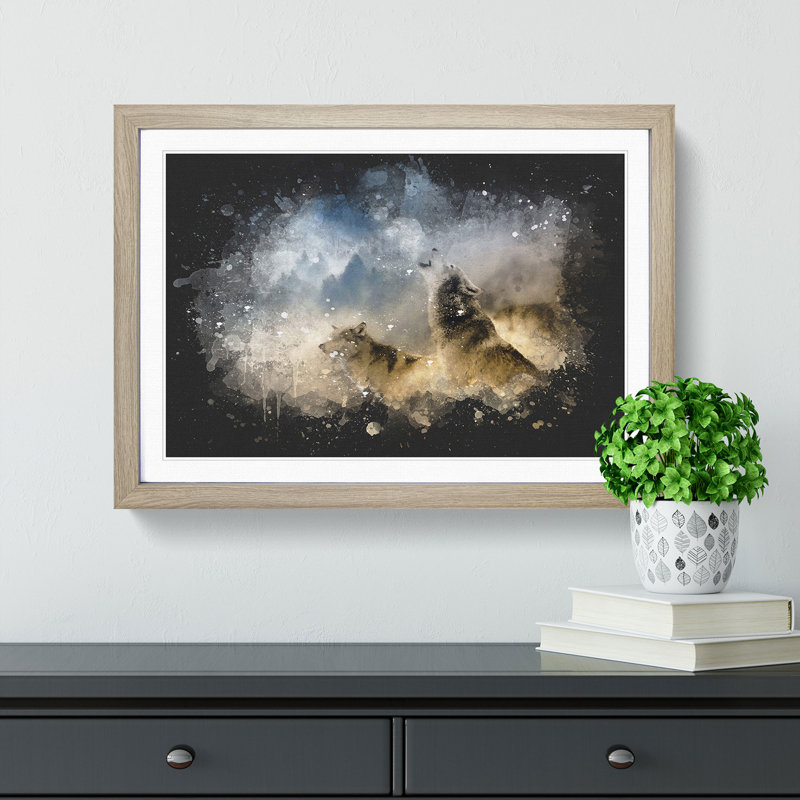 Wolves Howling in the Forest - Framed Print, 24cm H x 33cm W x 2cm D, Oak Framed