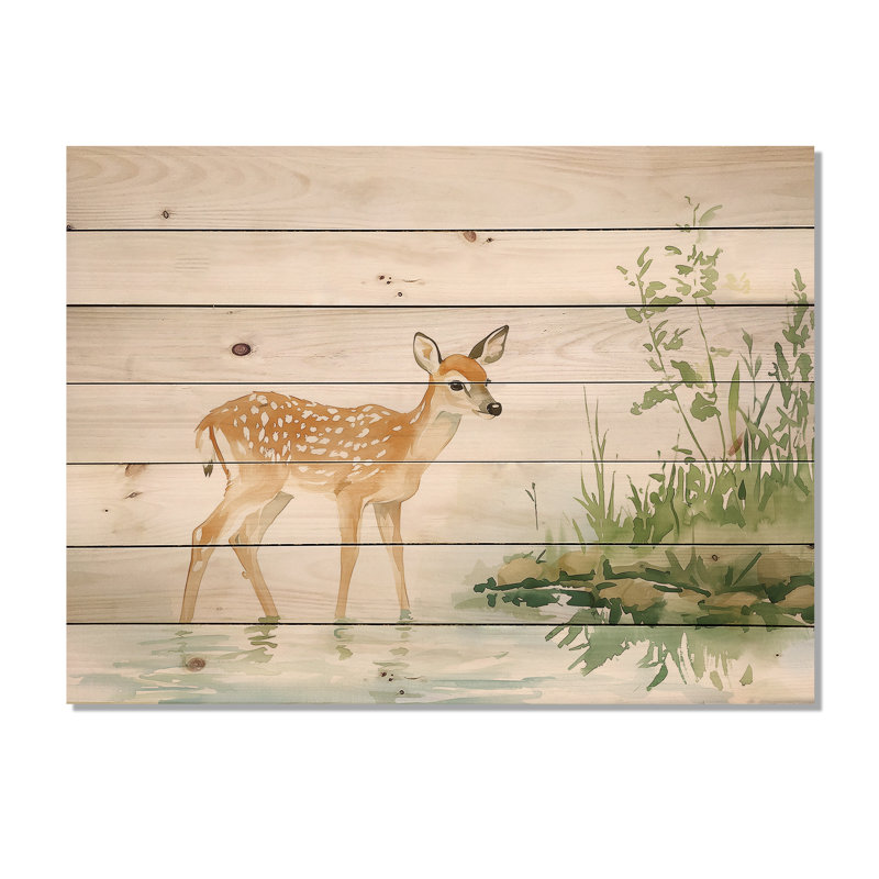 Cerf au bord de la rivière III - Art mural moderne en bois sur bois de pin naturel, H 30 po x l 40 po
