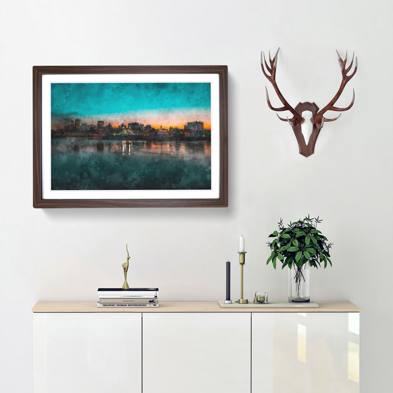 Sketch of the Montreal Skyline 1 Piece Single Picture Frame Painting on MDF, 33cm H x 45cm W x 2cm D, Walnut Framed