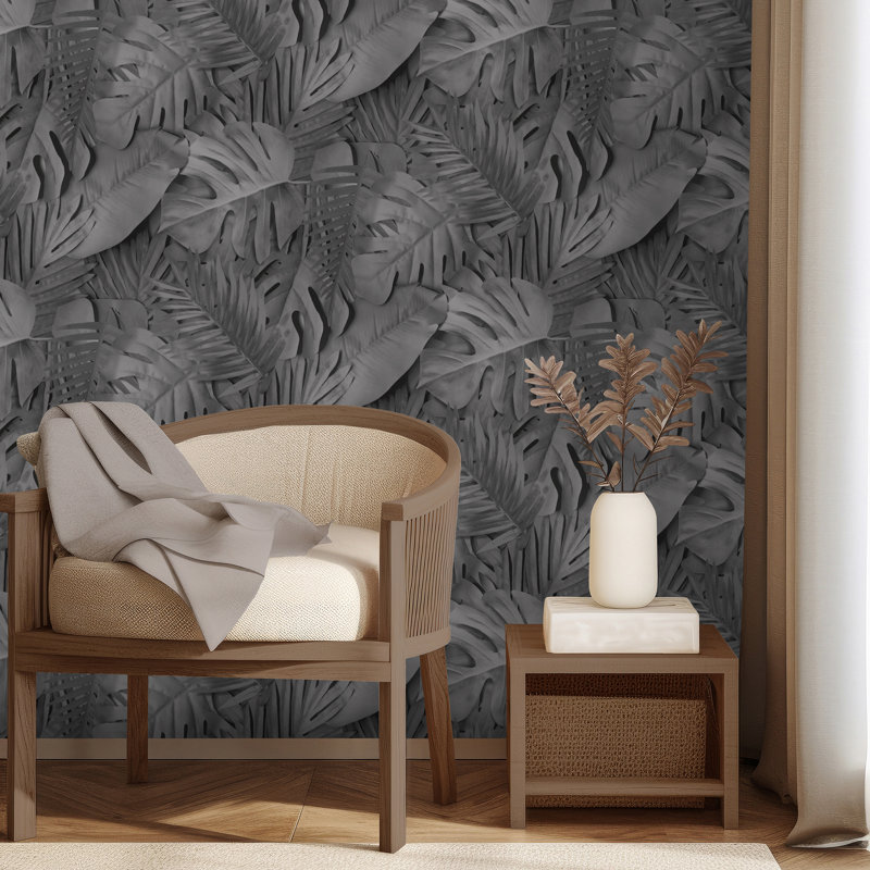 Grand papier peint feuilles tropicales Photoreal, Noir