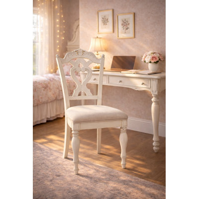 Rosalind French Provincial Antique White Desk Chair with Carved Splat Back and Upholstered Seat