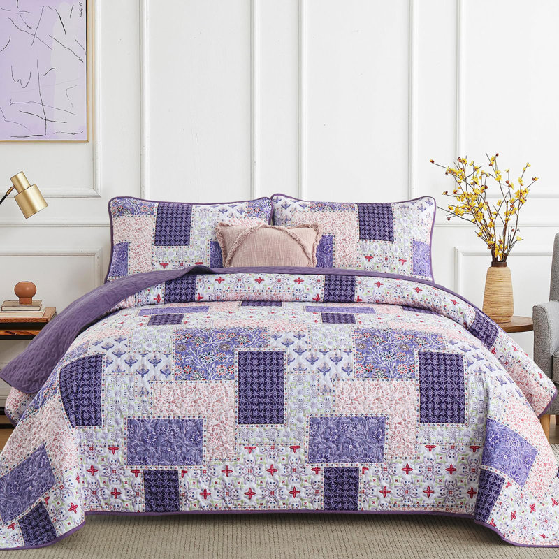 Ensemble de courtepointe réversible 3 pièces Patchwork - Couvre-lit léger en microfibre pour toutes les saisons