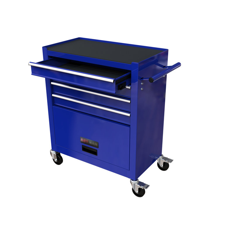 Armoire de rangement bleue avec 4 outils. Pour atelier, garage. Boîte à outils 4 "à 2 freins et fonctionnels. Entrepôt, garage, atelier. Fabrication en métal à 4 roues, pratique