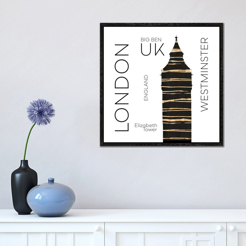 Urban Art London Big Ben by Melanie Viola - Print on Canvas, 45.72cm H x 45.72cm W x 3.81cm D, Black Framed