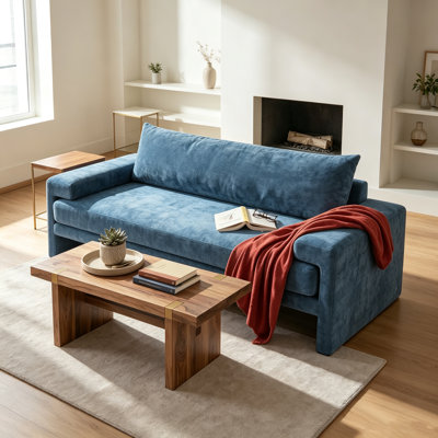Canapé rembourré 3 places en chenille de 80,7 po avec accoudoirs larges, coussin épais, dossier ergonomique pour le salon, la chambre à coucher ou le bureau, bleu