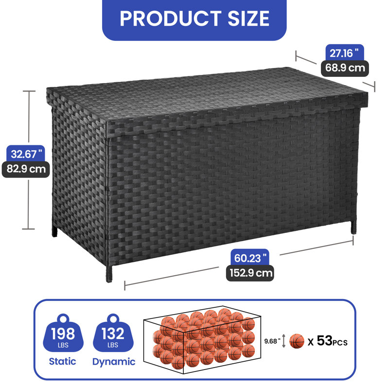 Balconera Water Resistant Wicker Deck Box, Black, 32.67" H x 60.23" W x 27.16" D