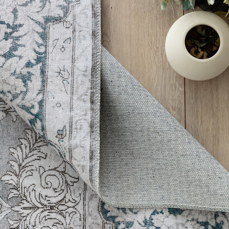 Gray Vintage Floral Washable Synthetic Area Rug 5' x 8'