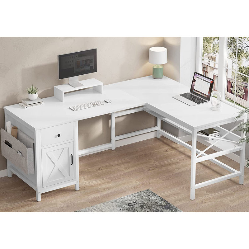 Josphua L-Shaped Steel Computer Desk with Built-In Electrical Outlet, White/White