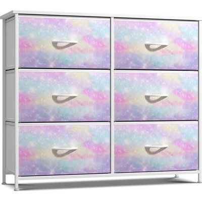 Sorbus 6 Drawers Dresser With Steel Frame, Wood Top, Fabric Bins In Rainbow Sparkle Tie Dye In Rainow Sparkle