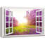 Fenêtre, paysage, fleur mauve et prairie verte sous un soleil éclatant - impression sur toile tendue-98466571