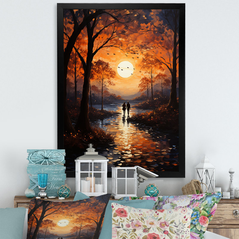 Paysage romantique coucher de soleil Serenade I, H 32 po x l 16 po x P 1 po, Cadre photo noir