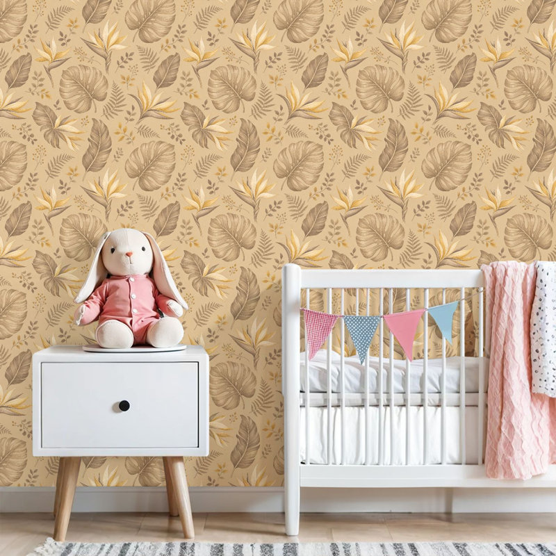 Papier peint auto-adhésif mural blanc doré à motif de feuilles exotiques botaniques exotiques