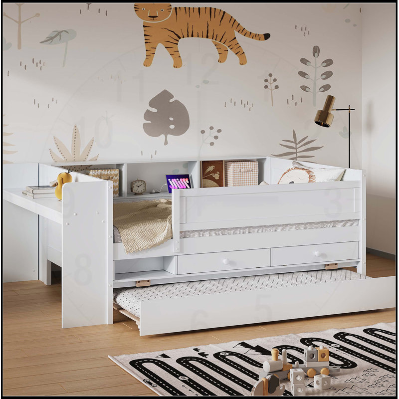 Lit de jour simple multifonctionnel avec tiroirs, lit gigogne, rangement pour tête de lit, chargement USB, Blanc