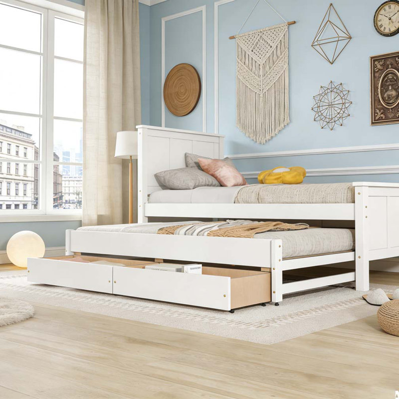 Lit plateforme simple avec lit gigogne et tiroirs, Blanc