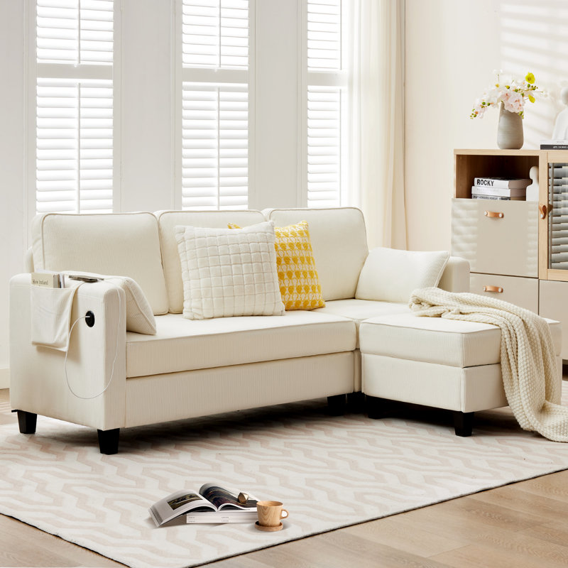 Convertible Sectional Couche,Small Space Couches L-Shaped Sofa W/Storage Chaise, USB Ports, Side Pockets and Pillows for Living Room
