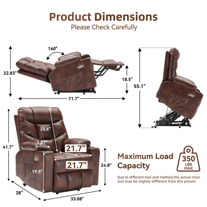 Dual Motor Heating Massage Elderly-Movable Recliner Chair with Wheels and Power Supply, Brown