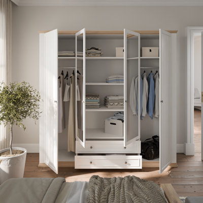 Rosswell Cottage style wardrobe with 4 doors and 2 drawers, double mirror, decorative panelling, bedroom, engineered wood, engineered wood, warm decor, 218.5 cm W x 214.6 cm H x 61.2 cm D