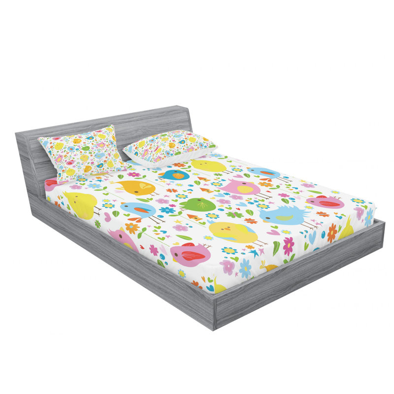 Ensemble de draps Spring Birds with Flowers, Ensemble de drap pour grand lit avec drap-housse