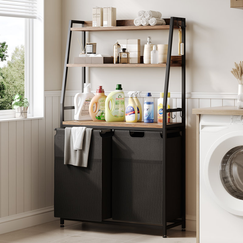 2 Section Laundry Hamper, 140L Laundry Basket With 3 Shelves Laundry Sorter, Freestanding Laundry Organizer With 4 Hooks & 2 Removable Washable Bags & Side Pockets For Bathroom Dorm
