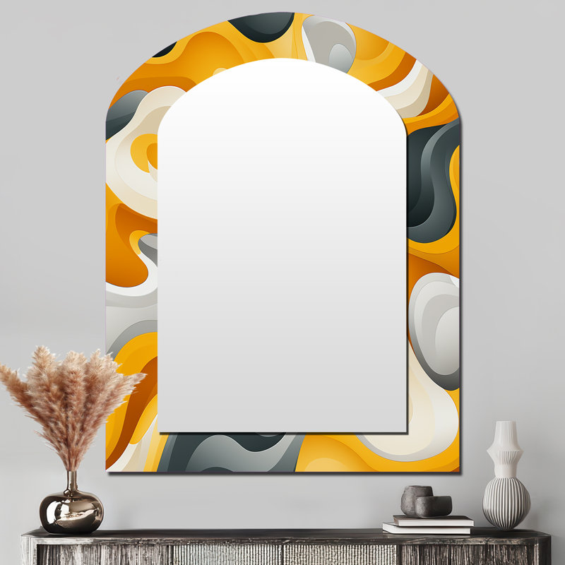 Jaune et blanc Mid-Century Waves Fusion - miroir mural asymétrique abstrait, miroir décoratif arche moderne, impression d'art en métal