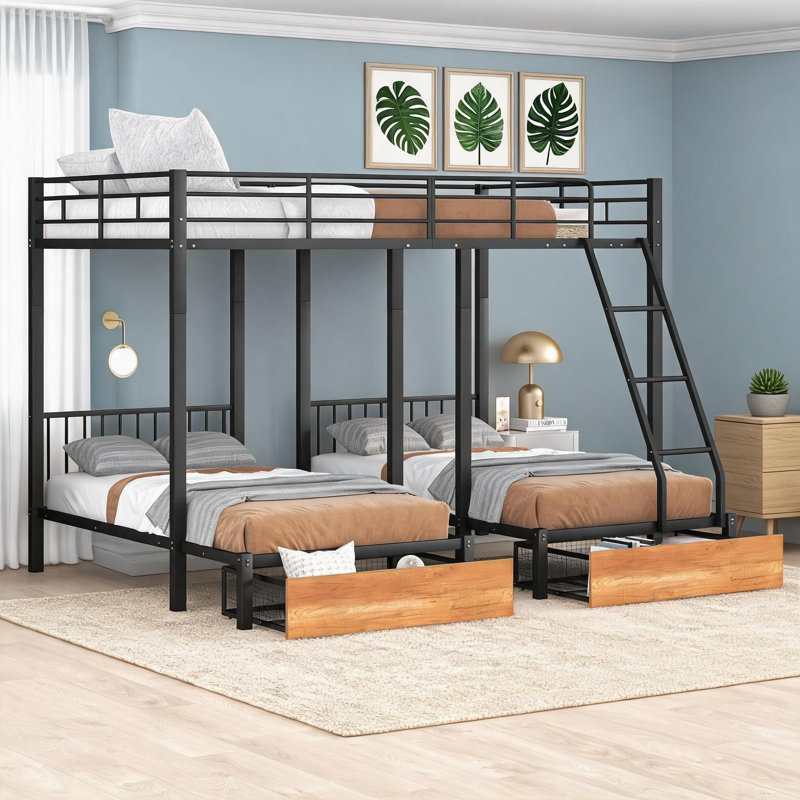 Lit plateforme avec lit triple et structure en bois et métal noir de jais avec rangement intégré pour les chambres à coucher multiples