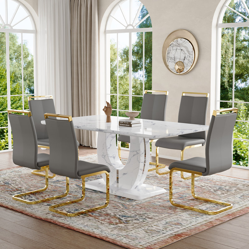 Ensemble de table de salle à manger, Gris/doré, Marbre blanc, 7 pièces