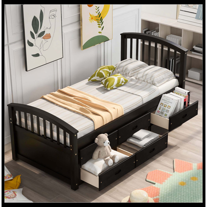 Lit plateforme simple en bois massif avec 6 tiroirs Orisfur, Espresso