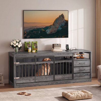 Meuble double pour 2 chiens avec rangement et support télé (175 cm).