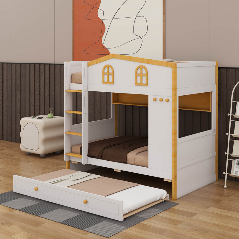 Lit superposé avec garde-corps en forme de maison et lit gigogne, lit superposé en bois avec tablettes de rangement