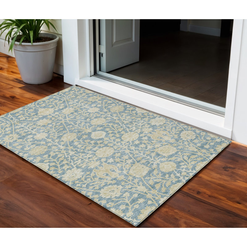 3' X 5' Sky Blue And Beige Floral Washable Indoor Outdoor Area Rug